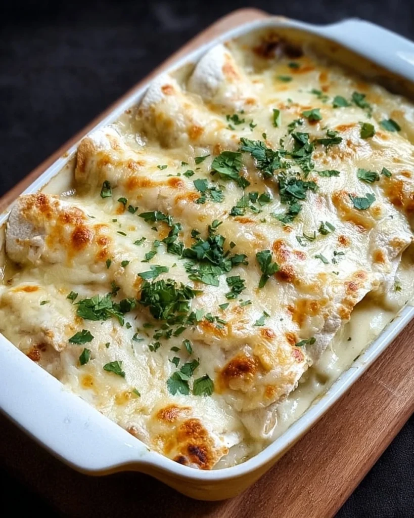 Delicious creamy white chicken enchiladas ready to serve
