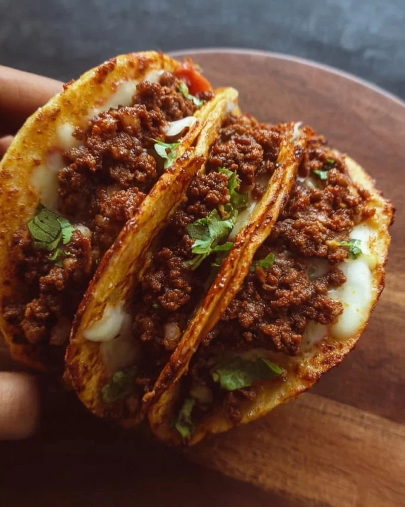 Crispy ground beef tacos served with fresh toppings on a plate