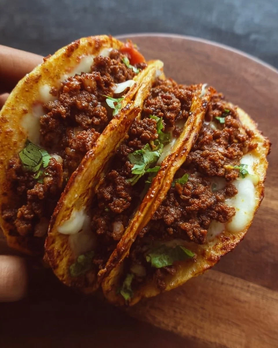 Crispy ground beef tacos served with fresh toppings on a plate