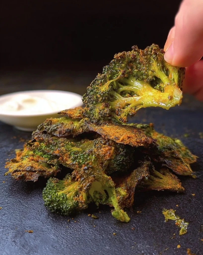 Crispy smashed broccoli chips served in a bowl as a healthy snack