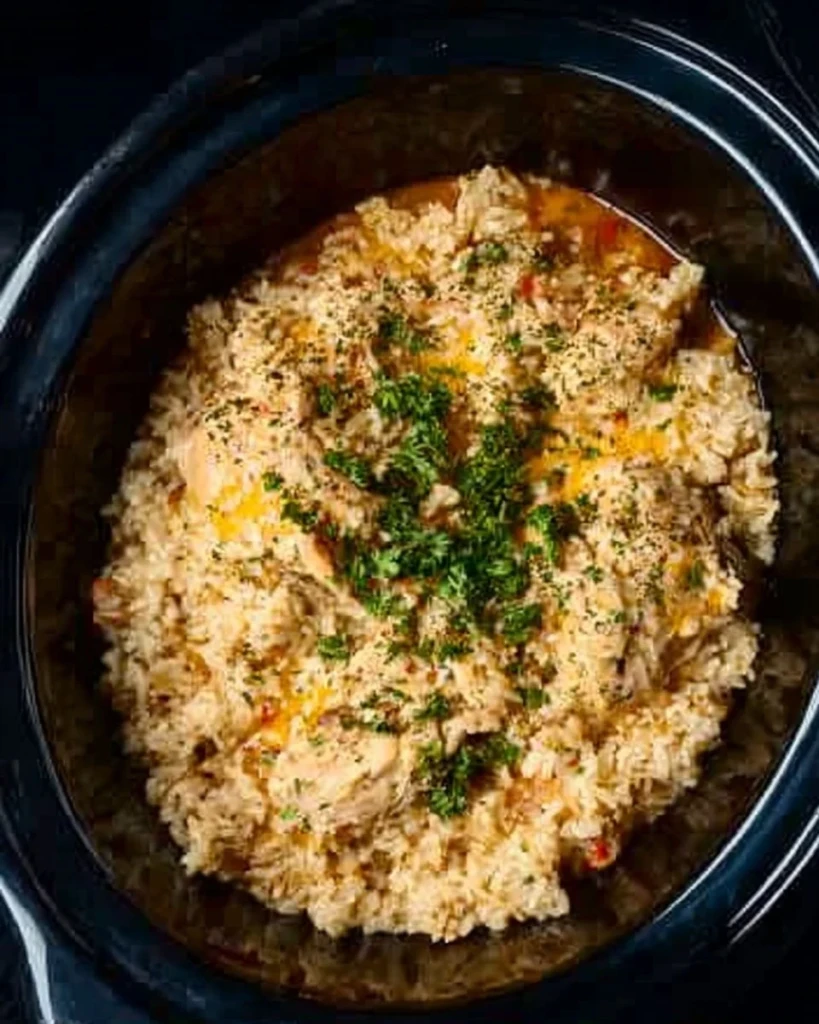 Delicious bowl of Crock Pot chicken and rice garnished with herbs