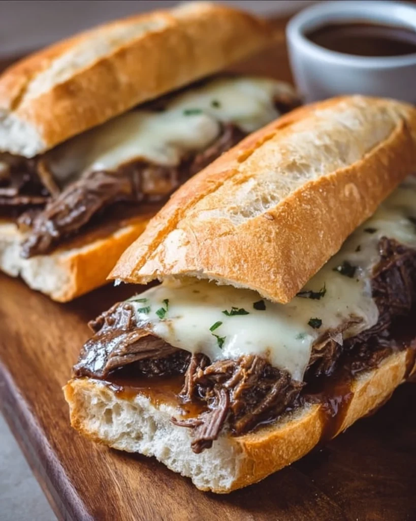 Crockpot French Dip Sandwiches served with au jus for dipping