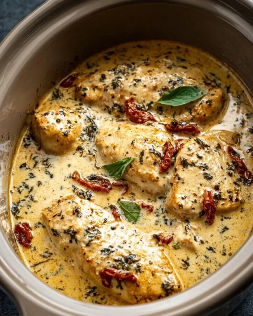 Creamy Crockpot Marry Me Chicken served with herbs and spaghetti