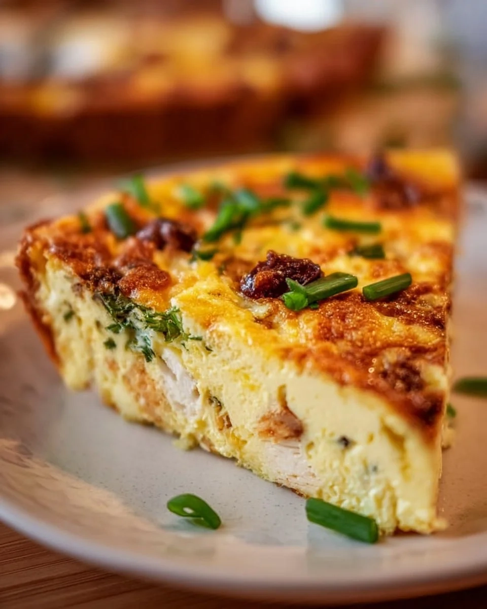 Slice of crustless ricotta quiche on a plate, garnished with herbs