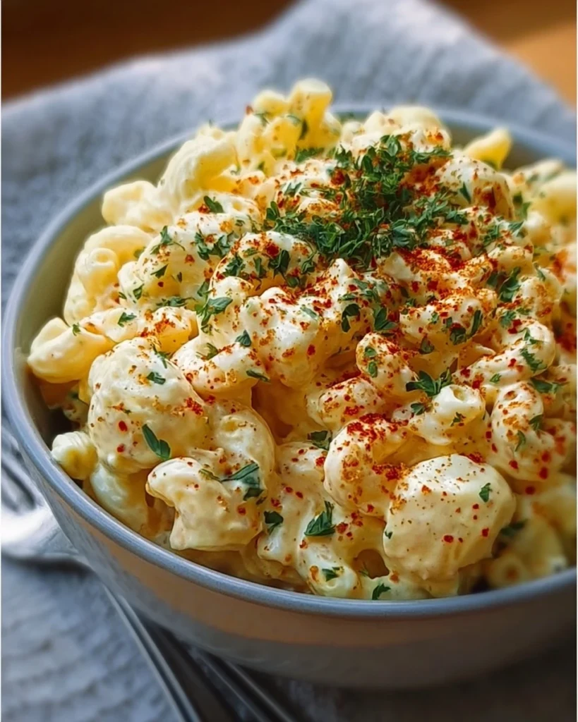 Delicious deviled egg macaroni salad in a bowl garnished with herbs