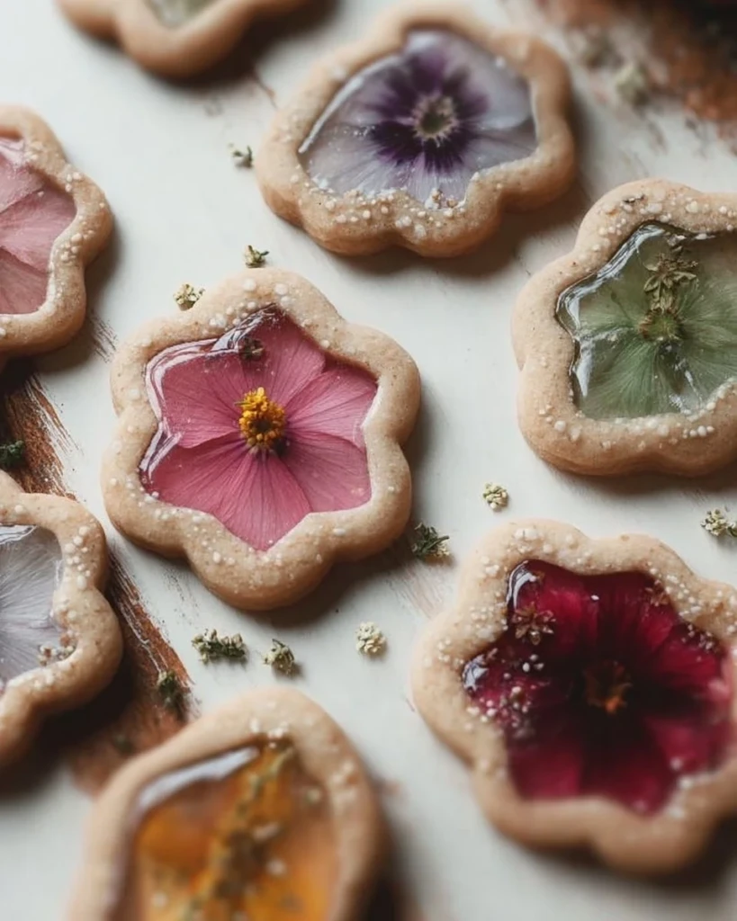 Vegan gluten-free Earl Grey stained glass floral cookies on a decorative plate