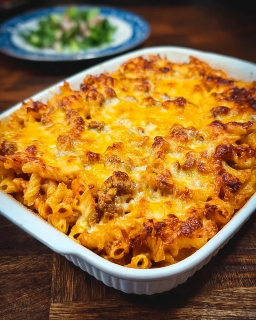 Delicious cheeseburger pasta casserole ready to serve for dinner