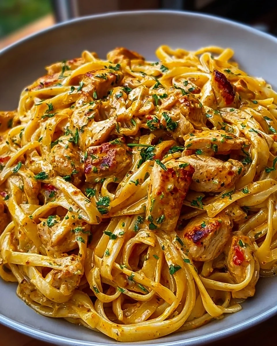 Delicious plate of Easy Cowboy Butter Chicken Linguine garnished with herbs.