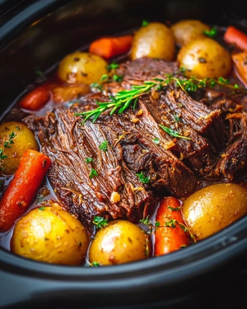 Tender easy crockpot chuck roast with herbs and veggies in a slow cooker
