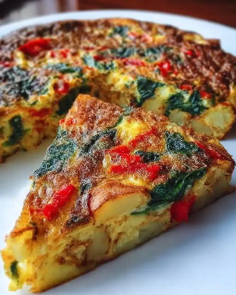 Easy frittata with potatoes, red peppers, and spinach served on a plate