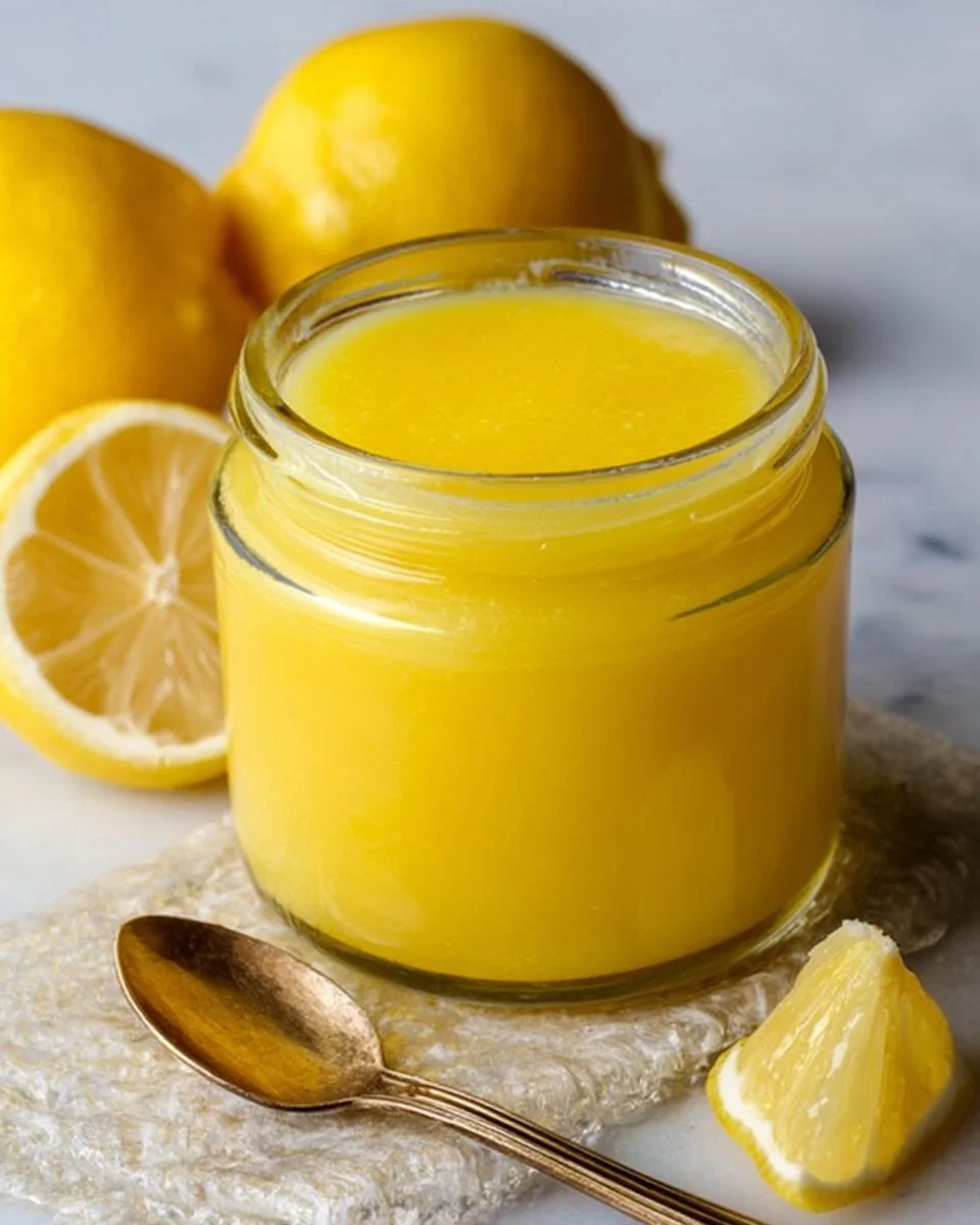 Homemade easy lemon curd in a glass jar with a lemon slice.