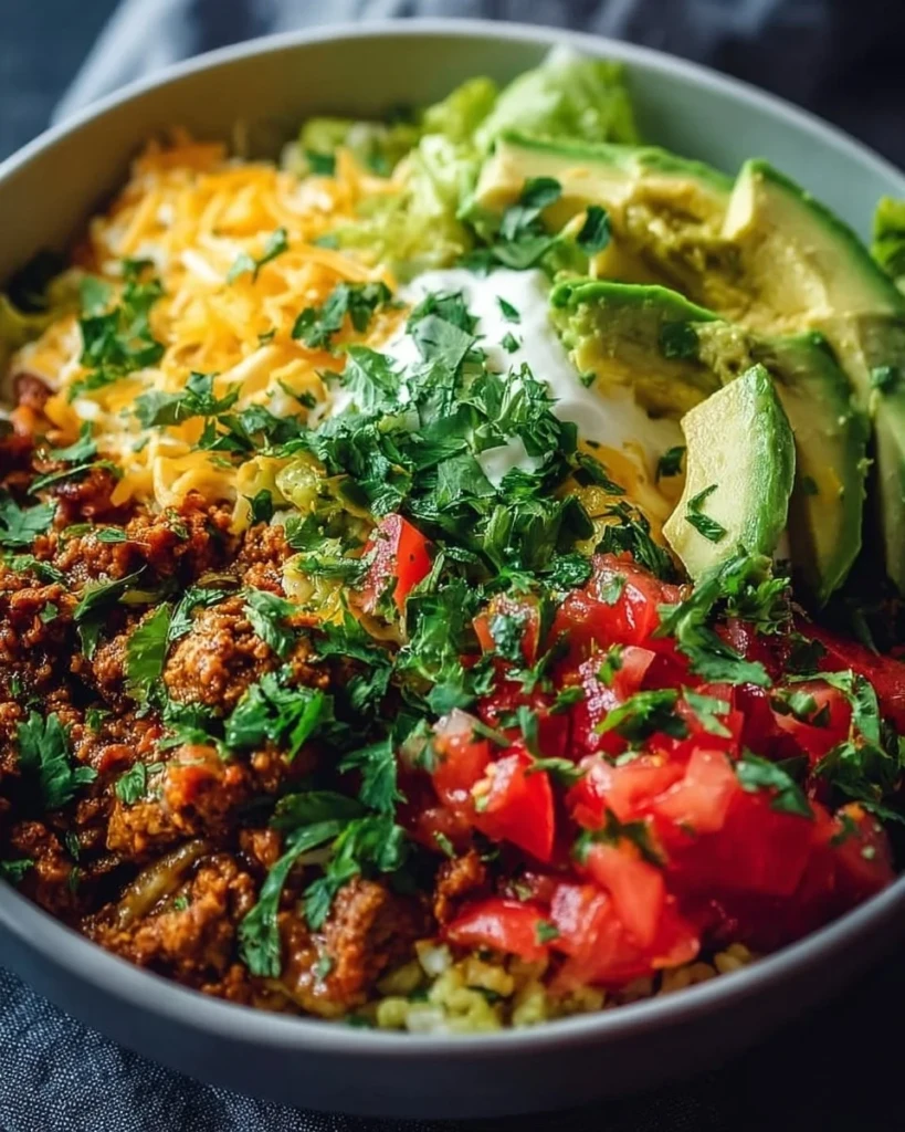 Low carb burrito bowl packed with protein and ready in 25 minutes.