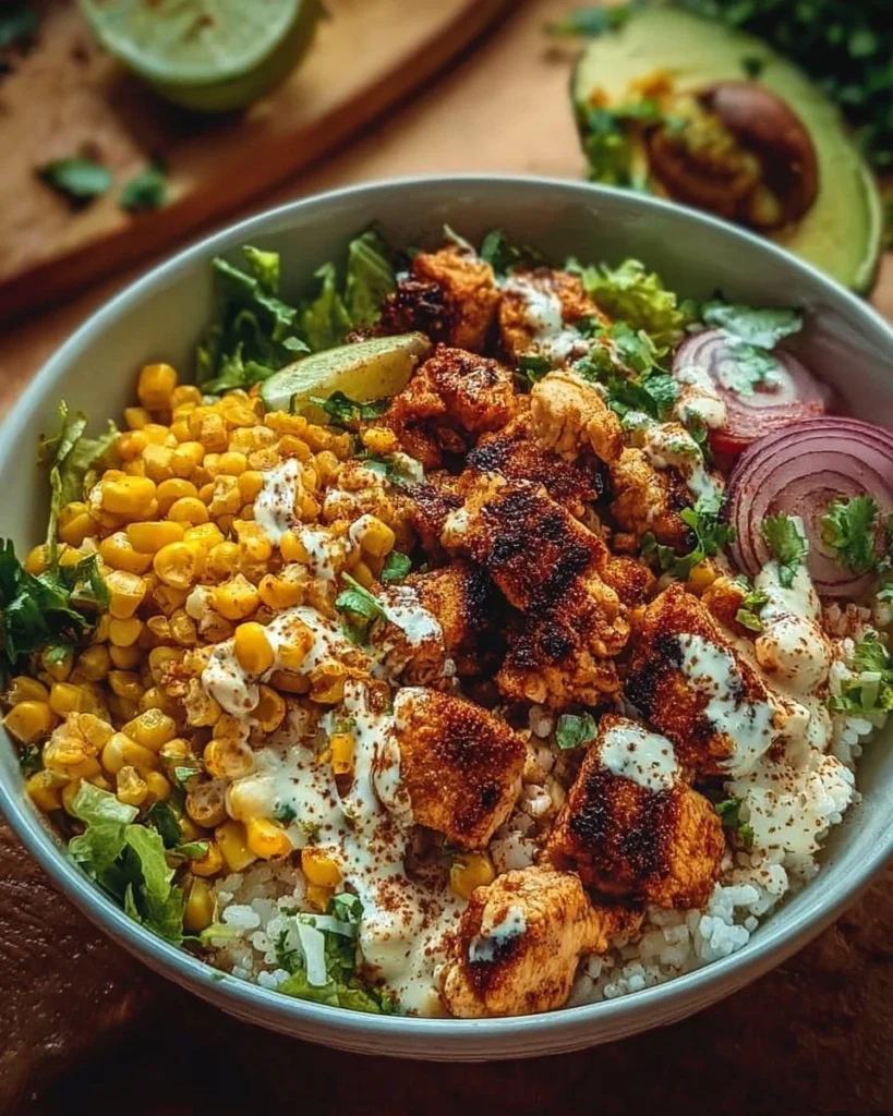 Delicious Easy Street Corn Chicken Bowl topped with fresh ingredients