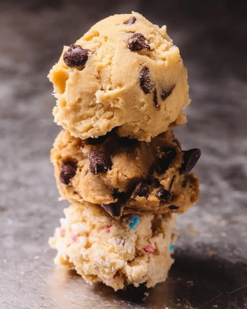 Bowl of edible chocolate chip cookie dough with chocolate chips and a spoon.