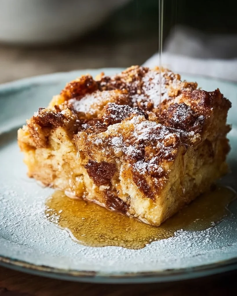 Deliciously baked French toast casserole topped with syrup and berries
