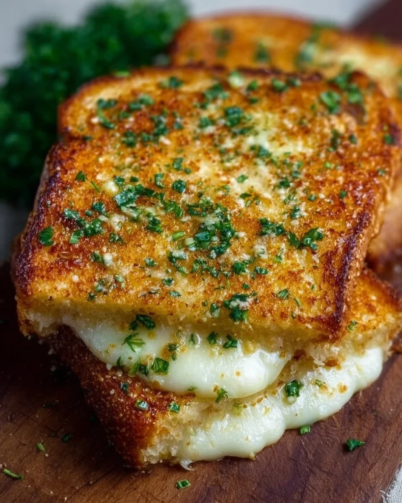 Delicious Garlic Bread Grilled Cheese sandwich with melted cheese and crispy garlic crust