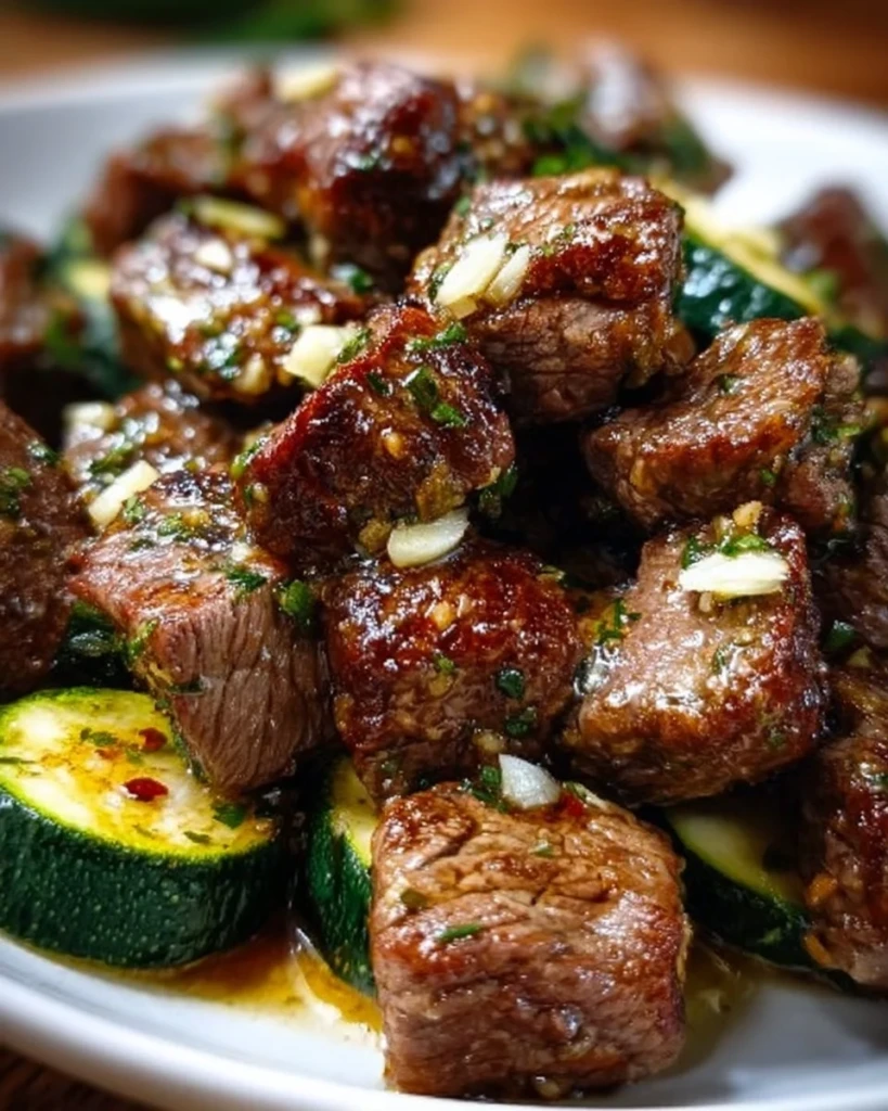 Delicious garlic butter steak bites served on a plate, perfect for a quick dinner.