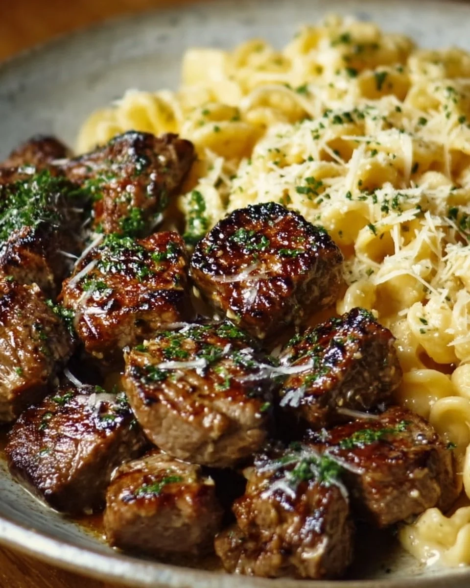 Garlic Butter Steak Bites served with creamy Parmesan pasta on a plate