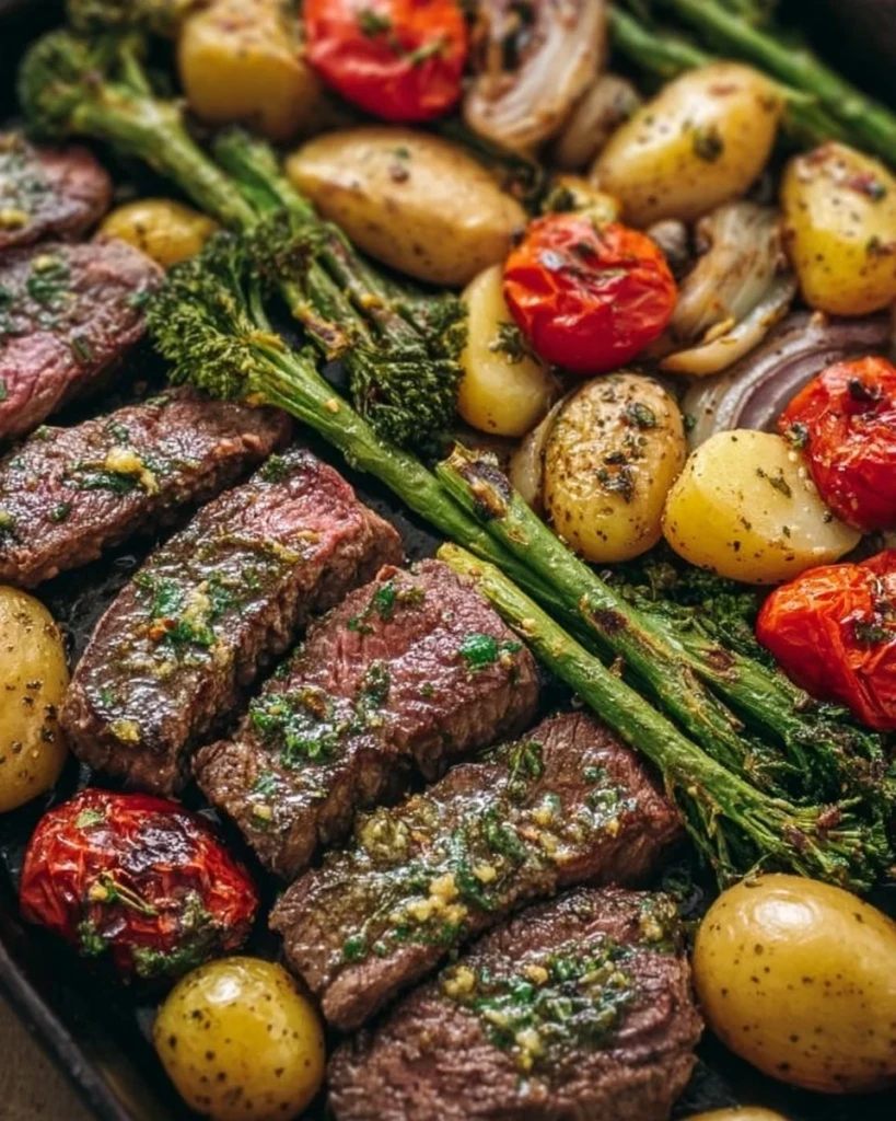 Garlic Butter Steak and Veggies Sheet Pan dish ready to serve