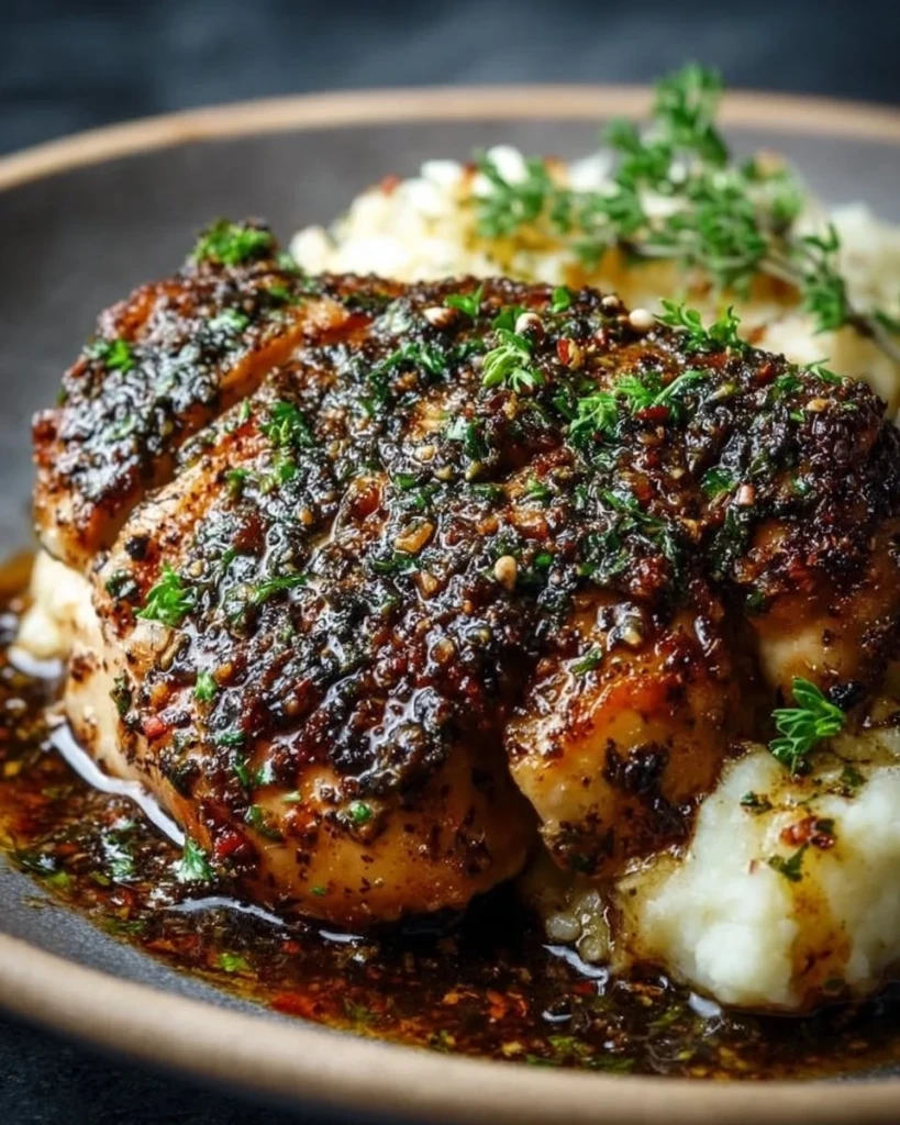 Delicious Garlic Herb Chicken garnished with fresh herbs and garlic
