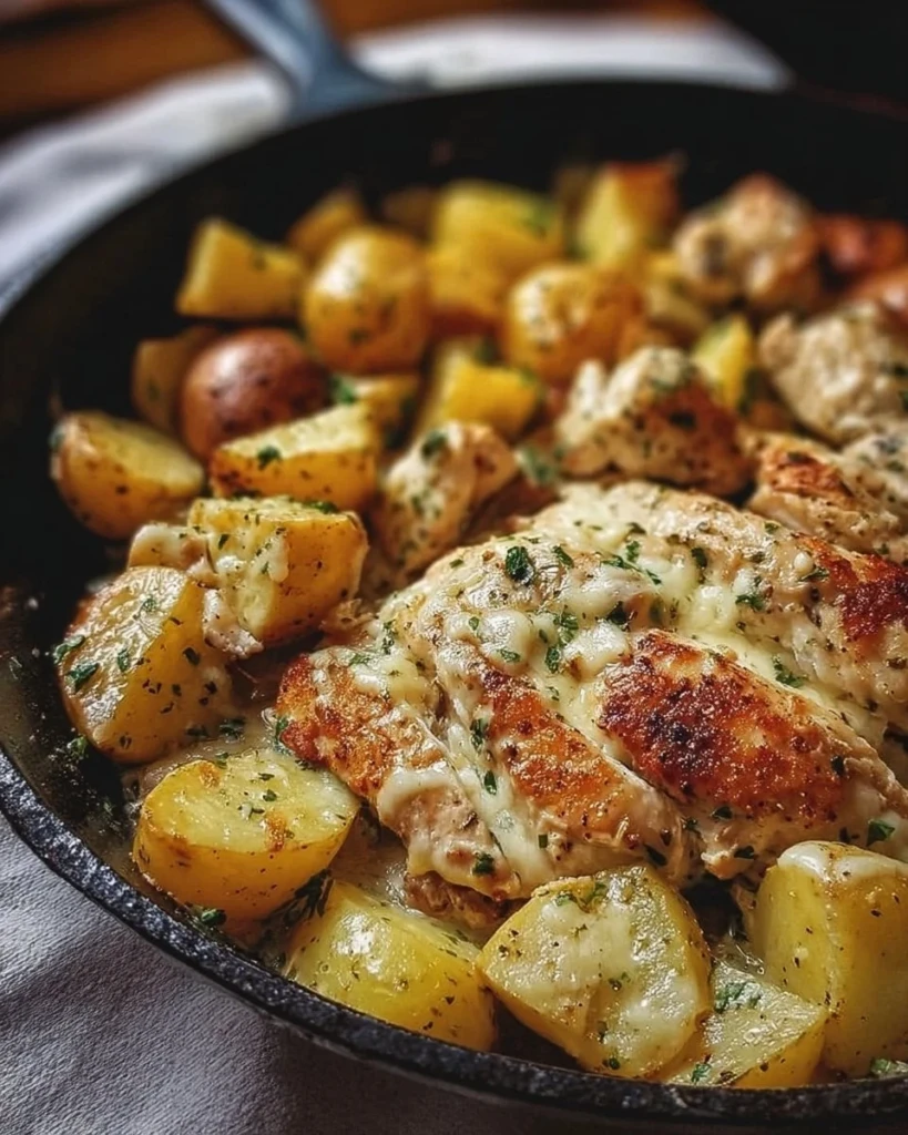 Delicious Garlic Parmesan Chicken and Potatoes Skillet ready to serve.