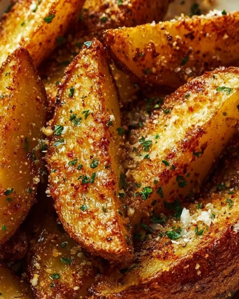 Delicious Garlic Parmesan Potato Wedges served in a bowl