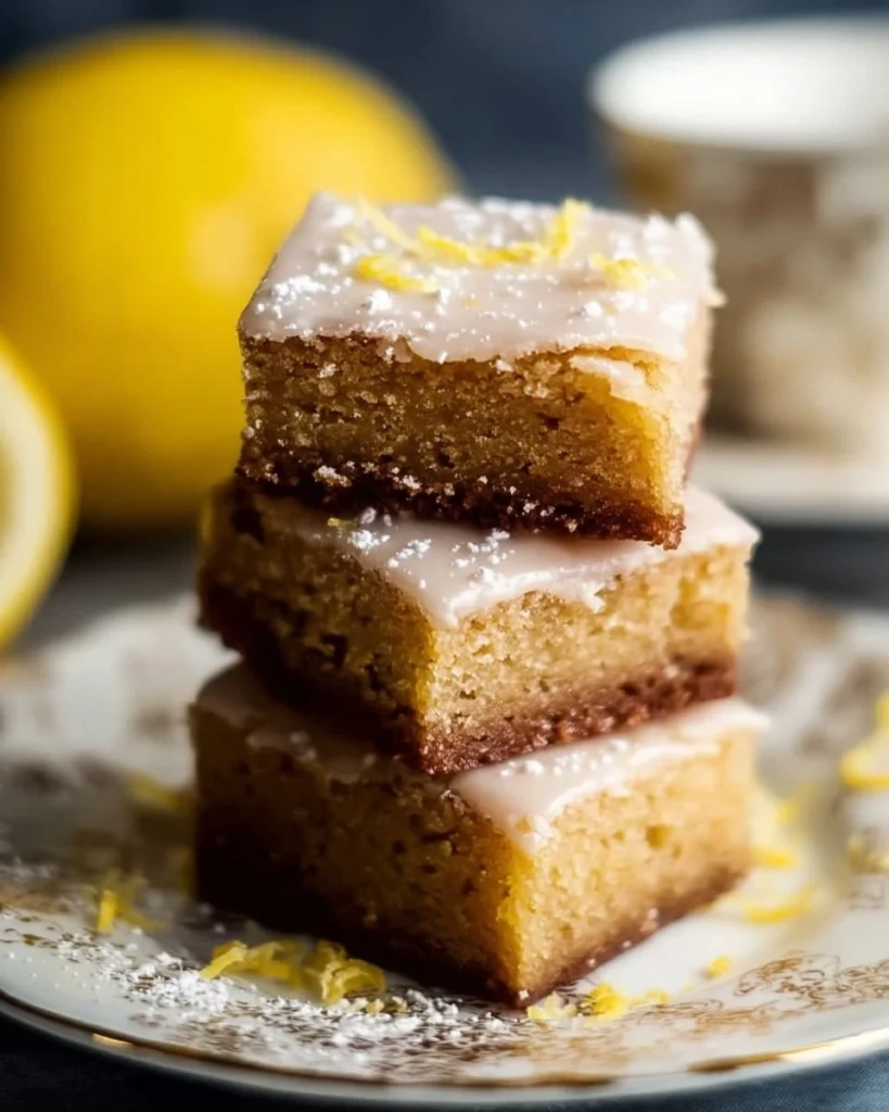 Gluten-free lemon brownies topped with a zesty lemon glaze.