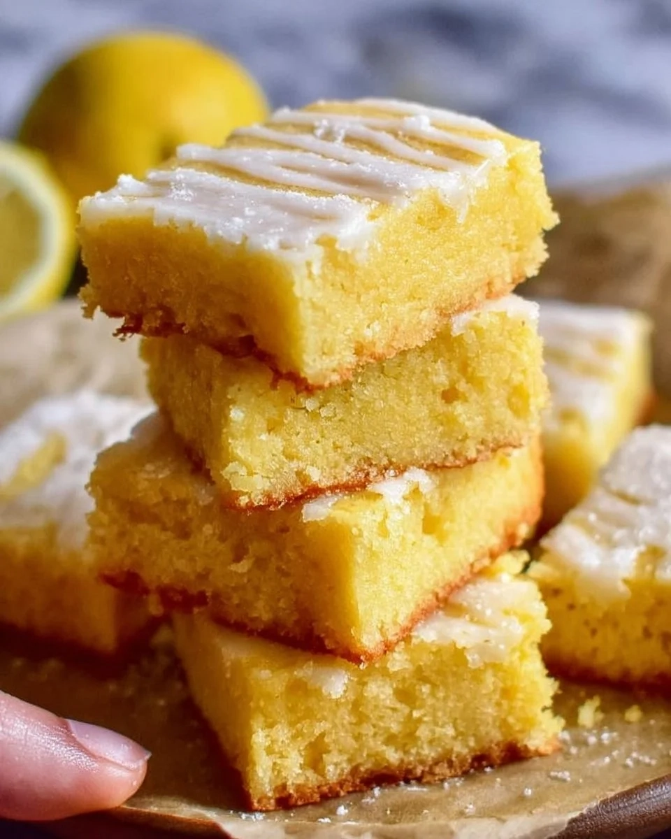 Gluten-free lemon brownies with a zesty lemon glaze on a white plate.