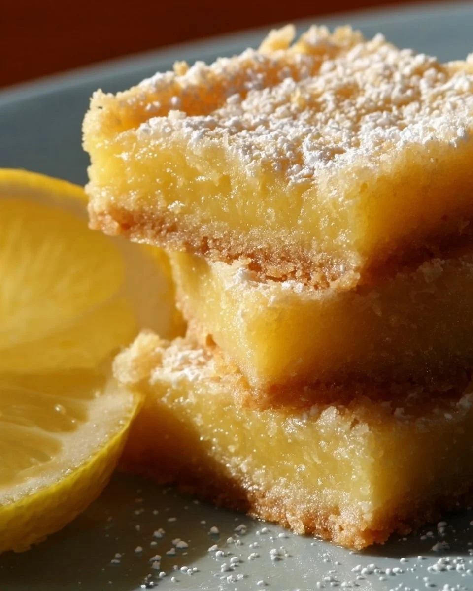 Delicious homemade lemon bars topped with powdered sugar, perfect for dessert.