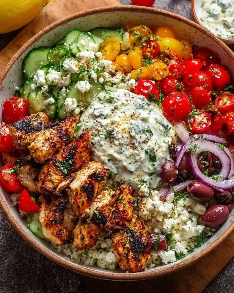 Delicious Greek Chicken Bowl with marinated chicken, vegetables, and sauce