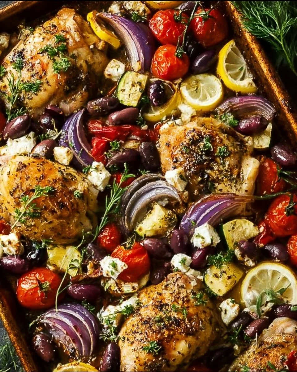 Greek sheet pan chicken with colorful vegetables on a baking tray.