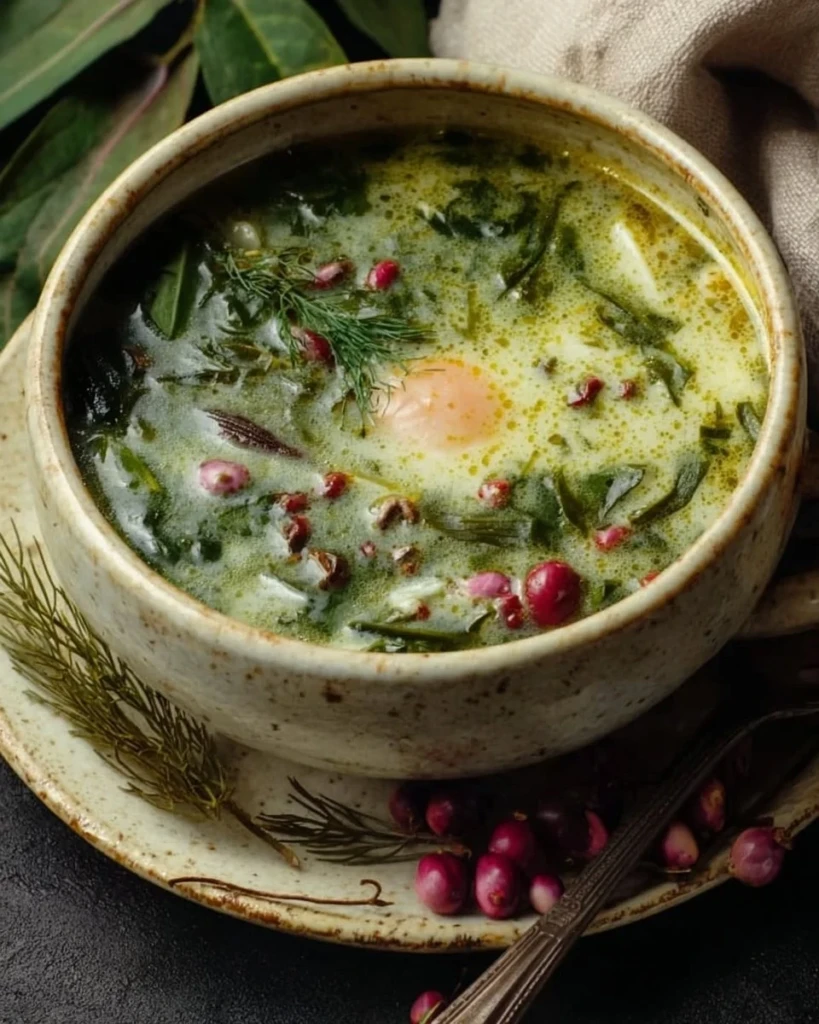 Bowl of Green Borscht featuring sorrel and spinach garnished with sour cream.