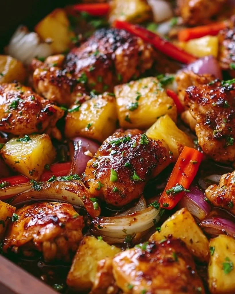 Hawaiian Chicken Sheet Pan meal with colorful vegetables and vibrant sauce.