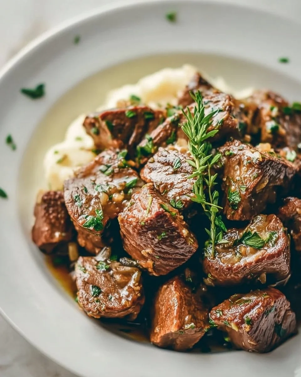 Healthy crock pot garlic butter steak bites served on a plate
