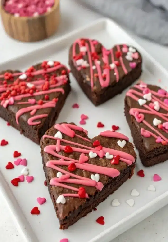 Heart-shaped brownies on a plate, showcasing the delicious brownies recipe