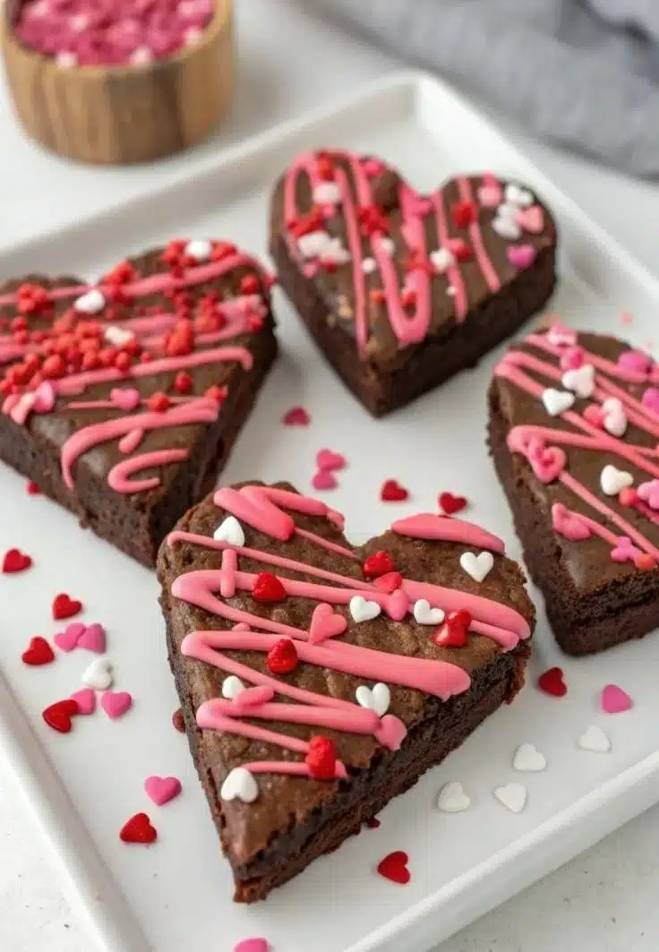 Heart-shaped brownies on a plate, showcasing the delicious brownies recipe