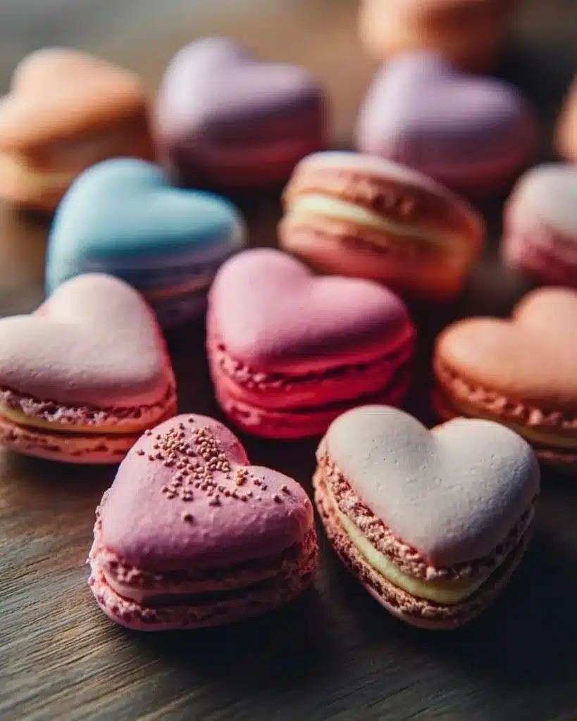 Heart-shaped macarons in various colors and flavors on a decorative plate.