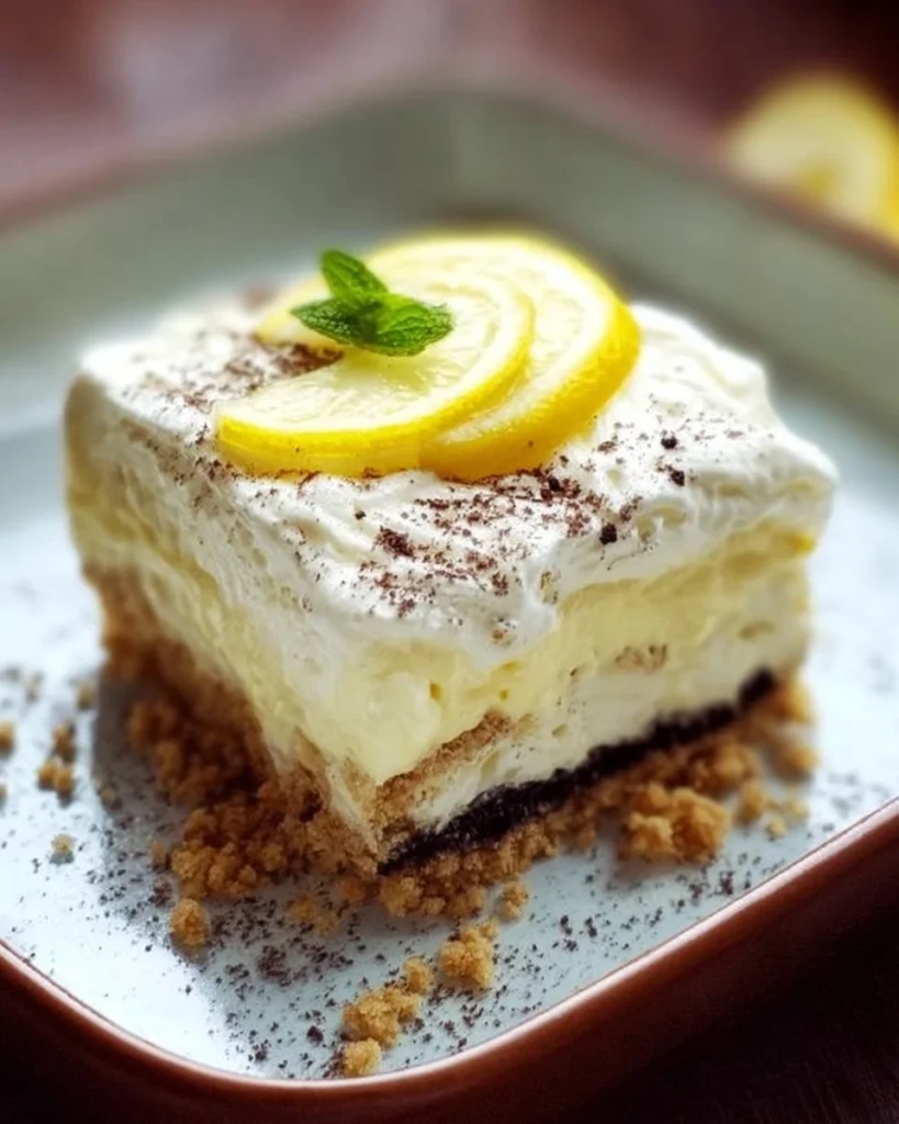 Heavenly Oreo Lemon Dessert with layers of creamy lemon and crushed Oreos