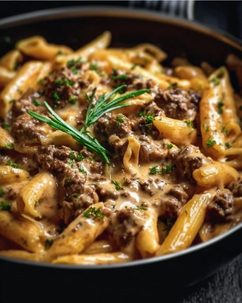 Creamy beef pasta dish with high protein content, garnished and ready to serve