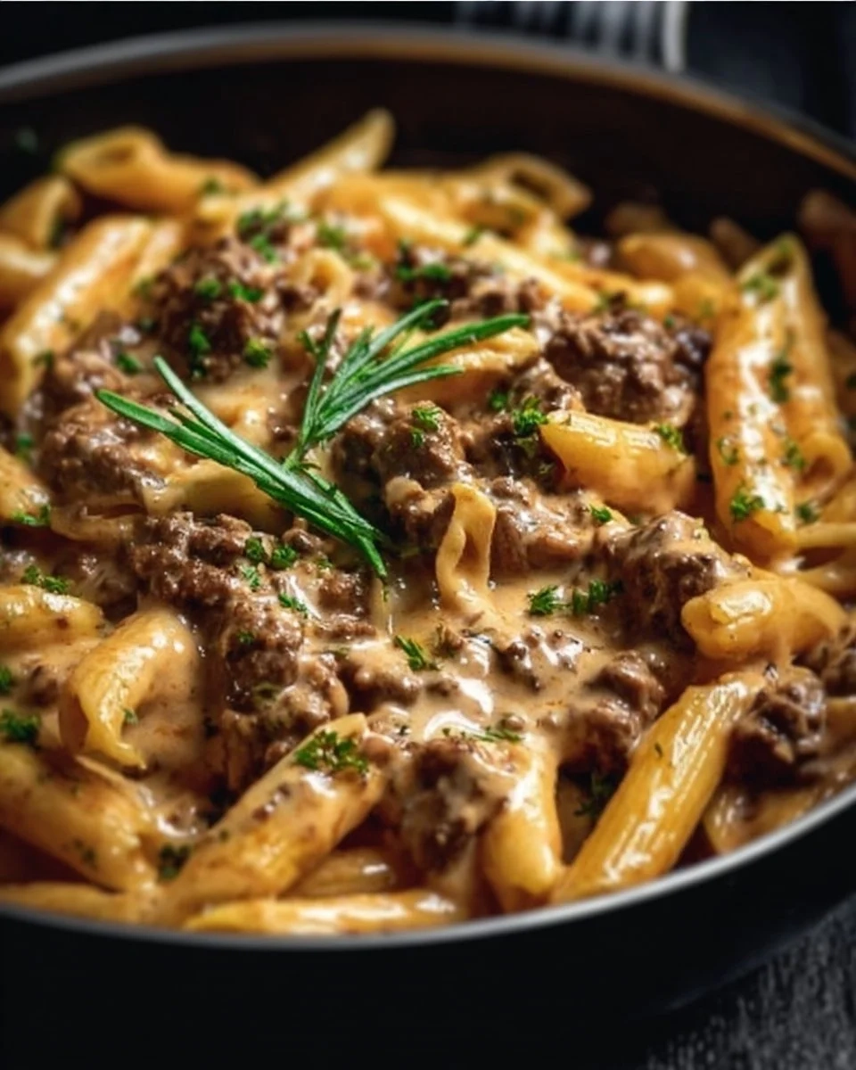 Creamy beef pasta dish with high protein content, garnished and ready to serve