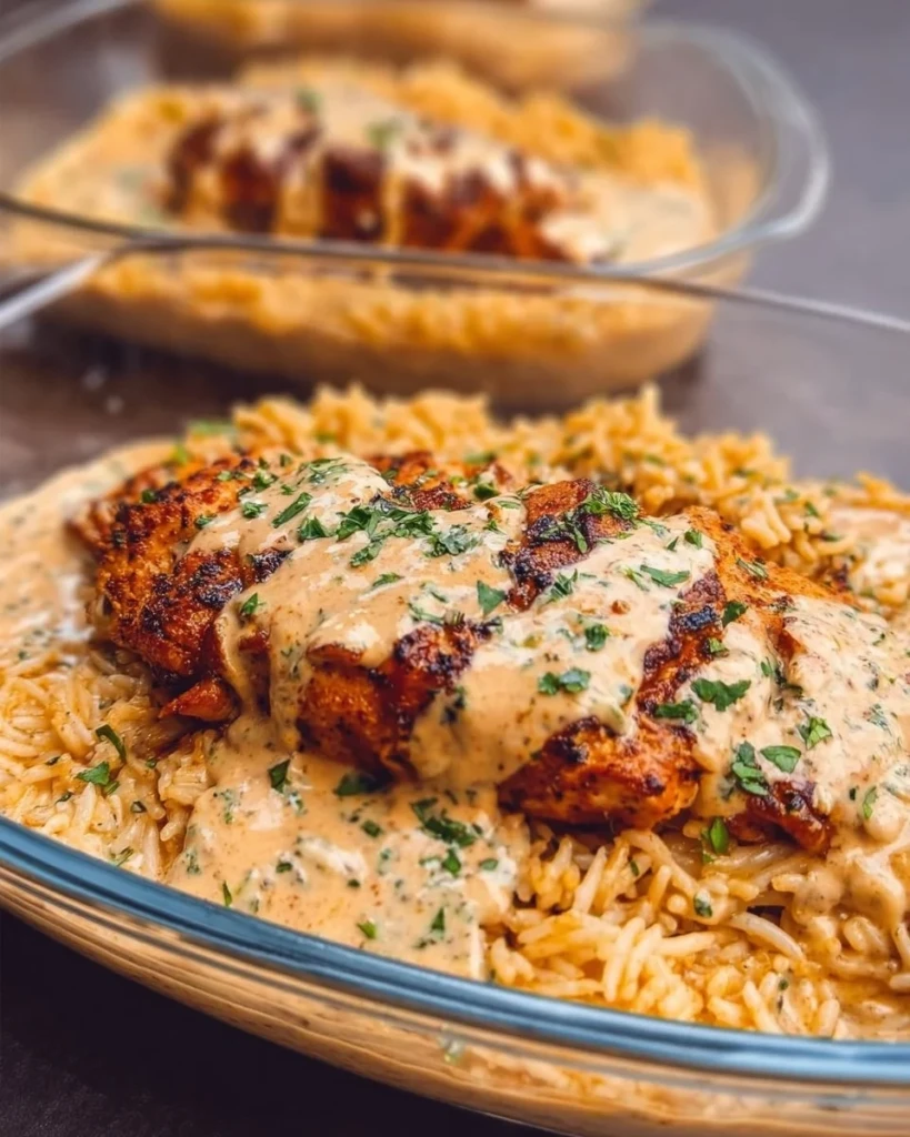 Plate of high protein creamy Cajun chicken served with rice