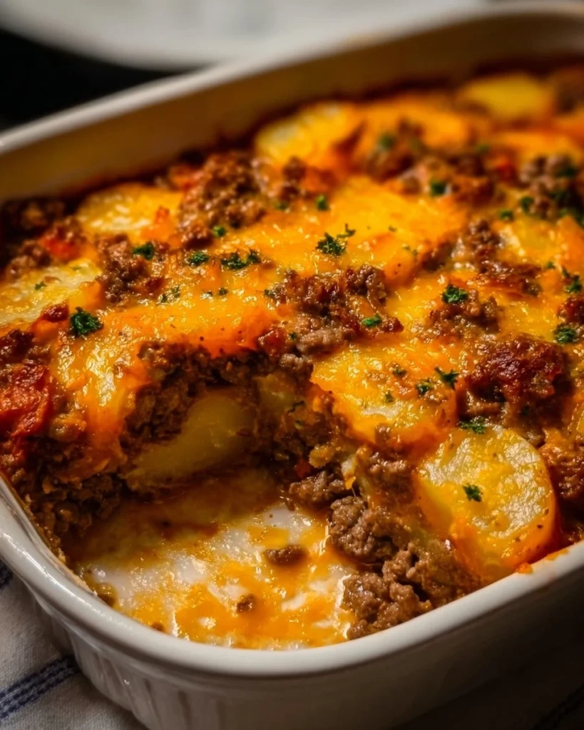 Hobo Casserole made with ground beef and vegetables in a baking dish
