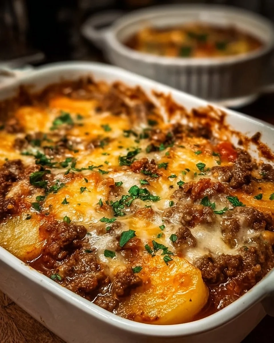 Delicious Hobo Casserole with Ground Beef dish served in a skillet.
