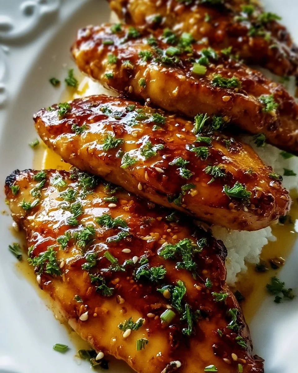 Plate of honey garlic chicken breasts garnished with fresh herbs