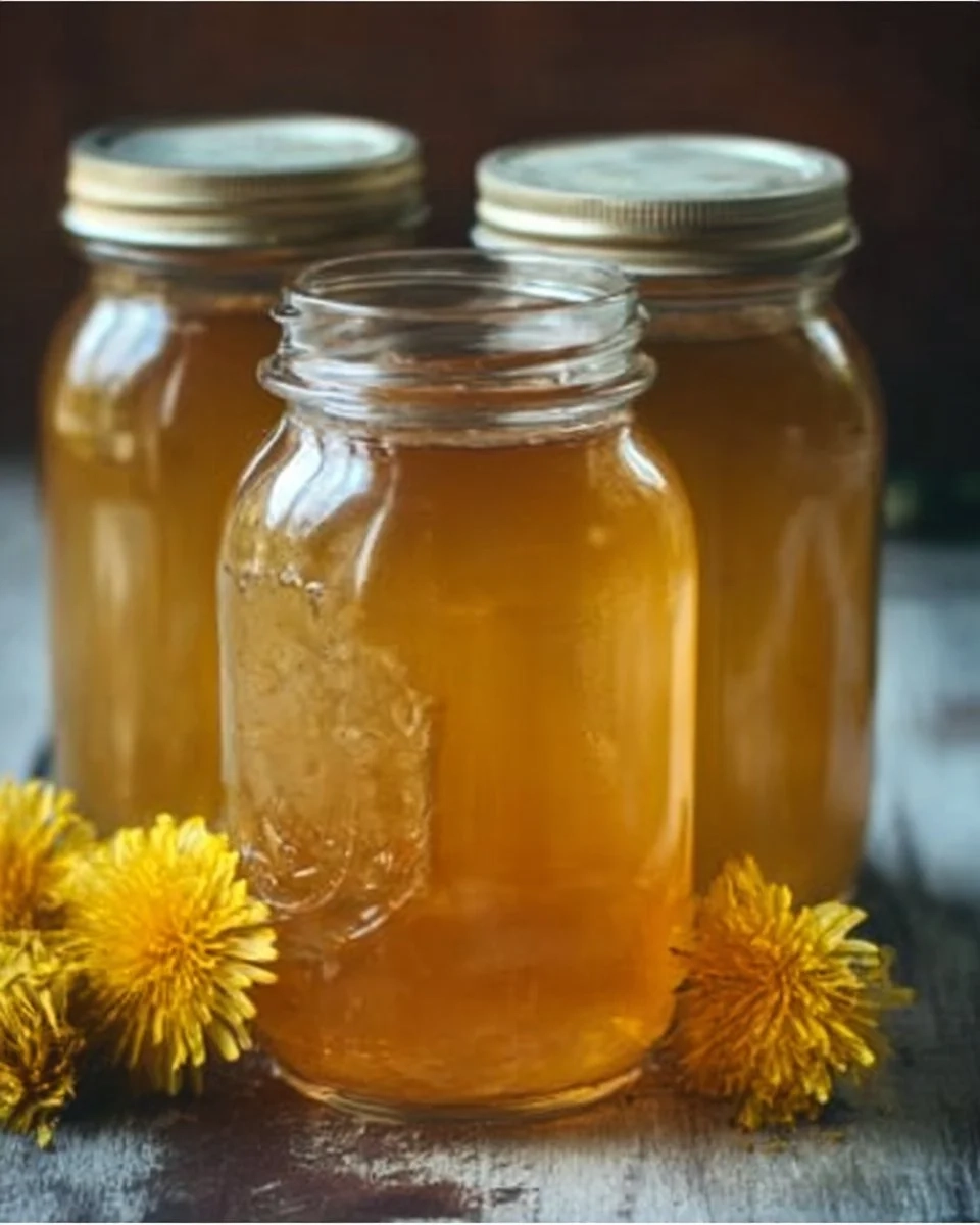 Homemade dandelion jelly in a jar with dandelion flowers