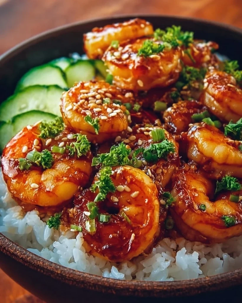 Delicious honey garlic shrimp bowls with vibrant vegetables and rice.