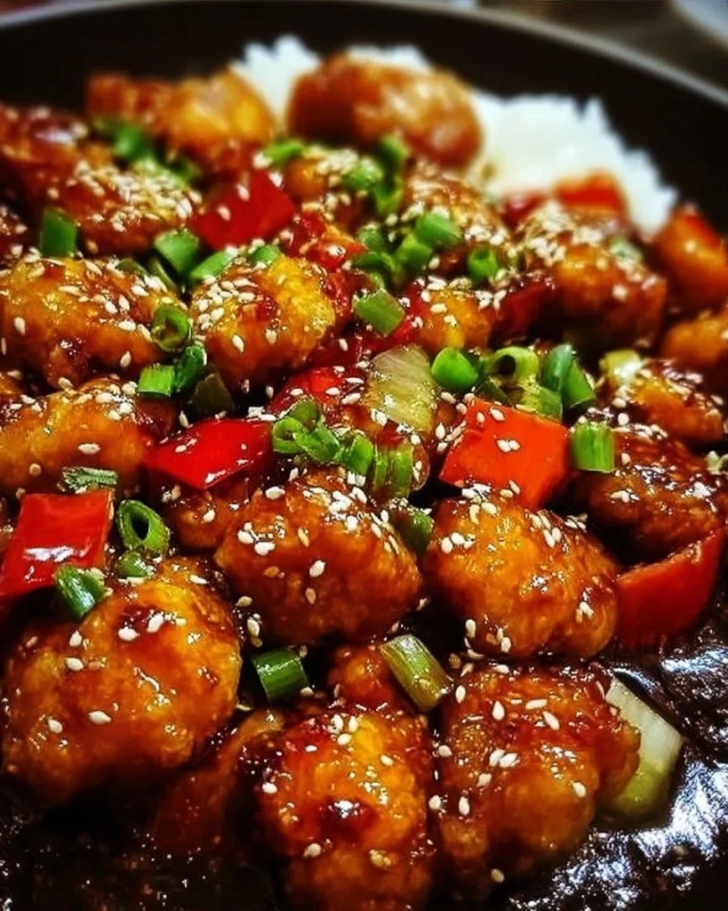 Delicious plate of irresistible sweet chili chicken garnished with fresh herbs.
