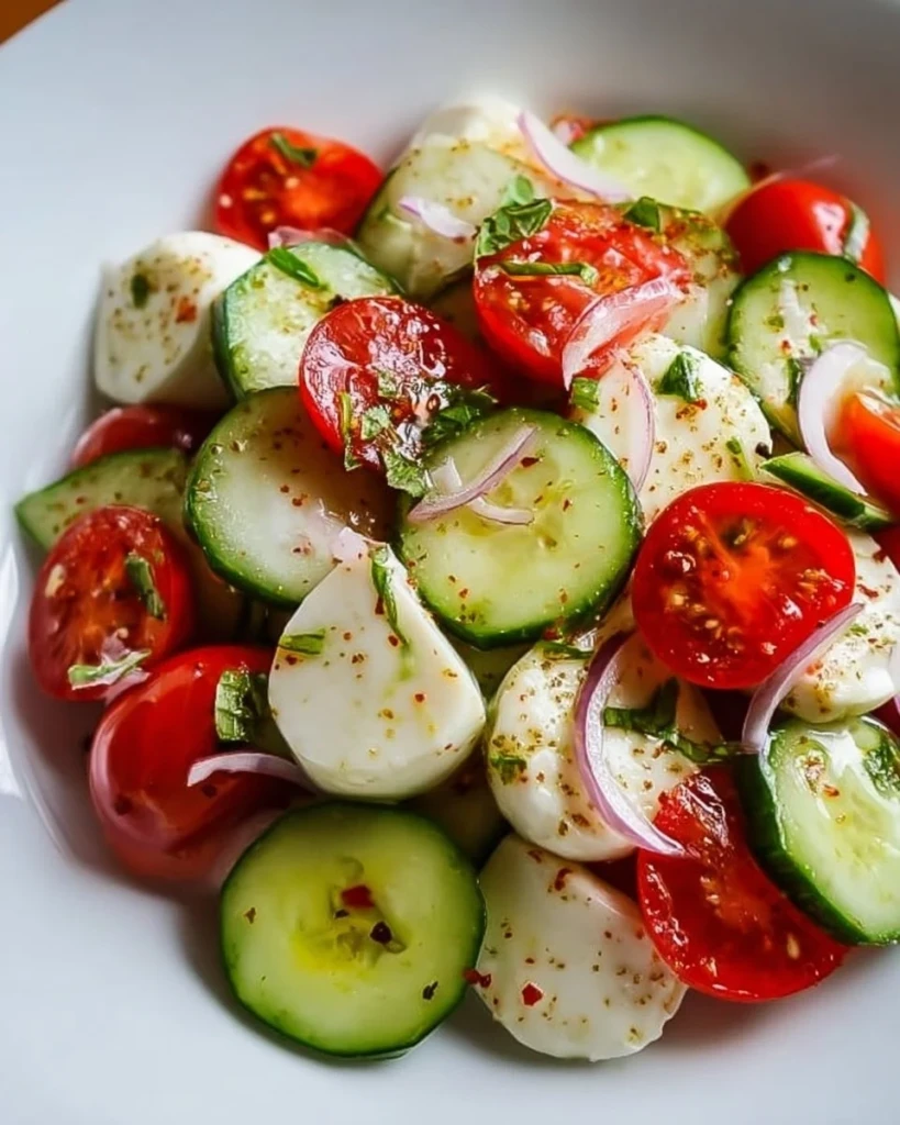 Juicy Cucumber Caprese Salad with fresh mozzarella and cherry tomatoes