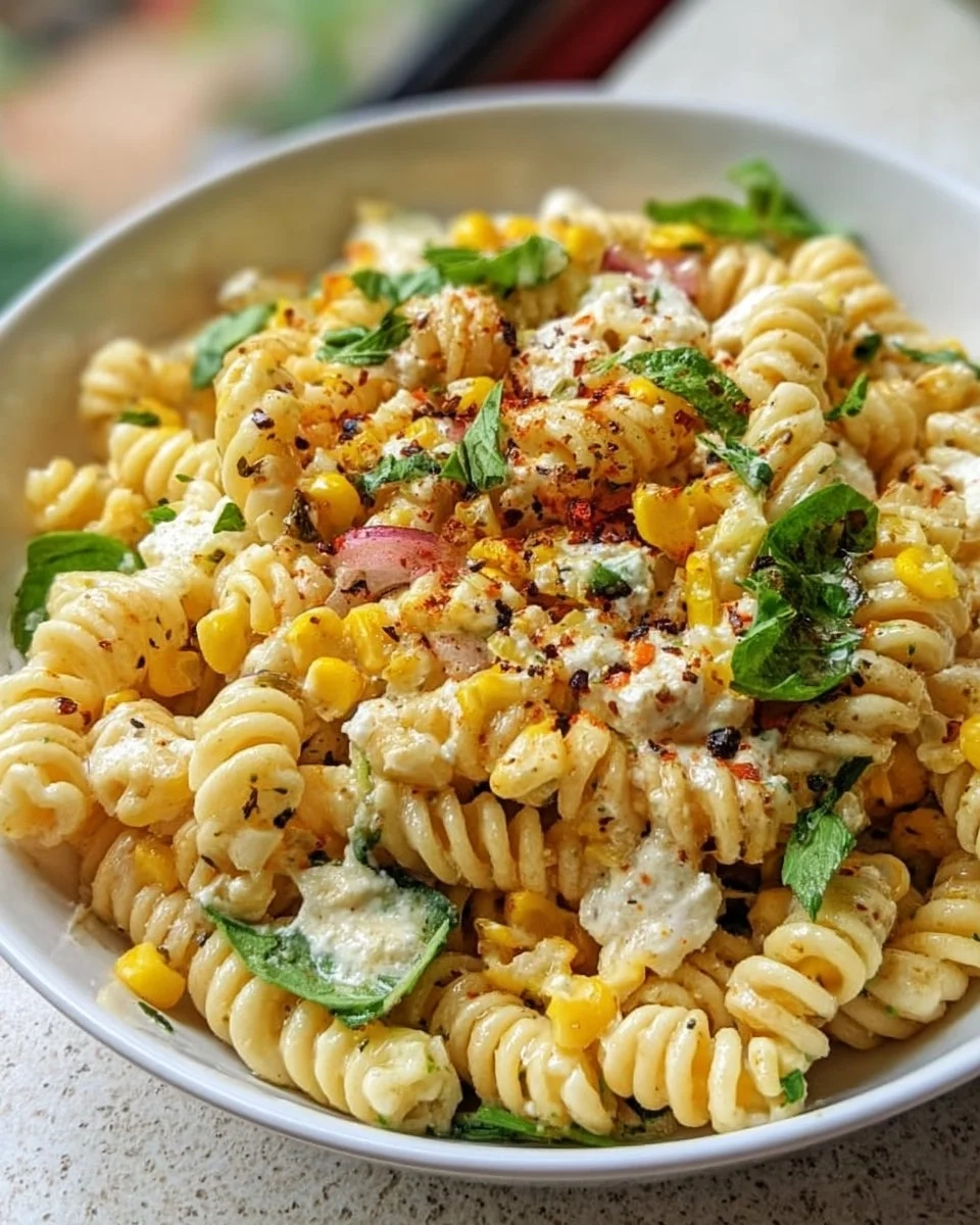 Juicy street corn pasta salad with vibrant ingredients in a bowl