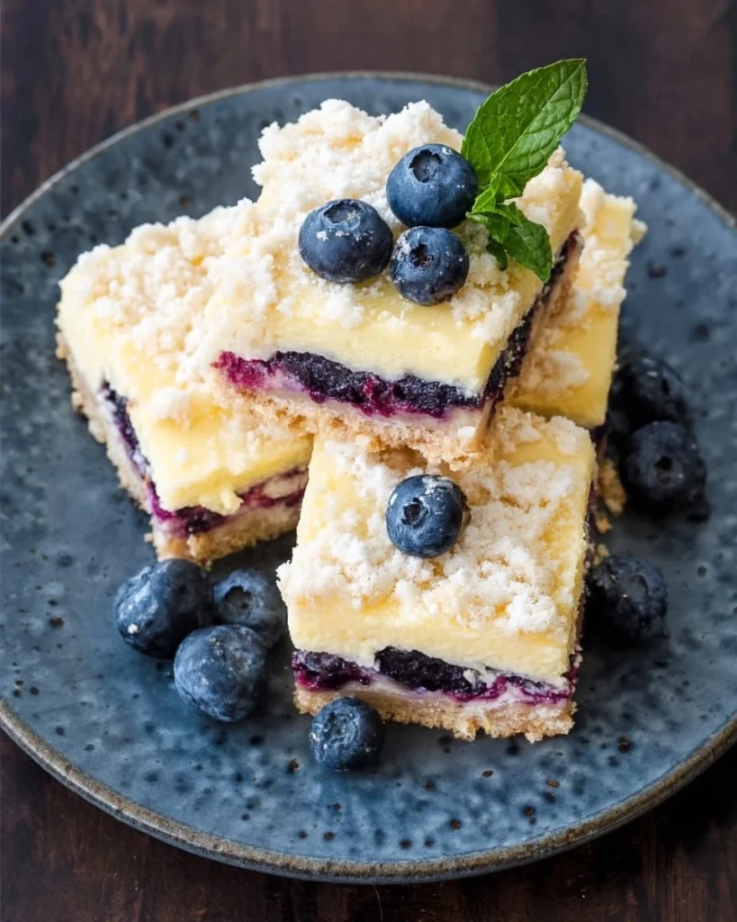 Delicious Keto Blueberry Lemon Cheesecake Bars topped with fresh blueberries.